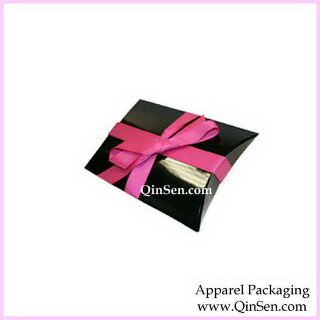 Shiny Black Pillow Box with Custom Colorful Ribbon-GPP0003
