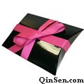 Shiny Black Pillow Box with Custom Colorful Ribbon